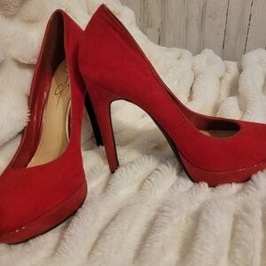 Jessica Simpson red suede stilettos